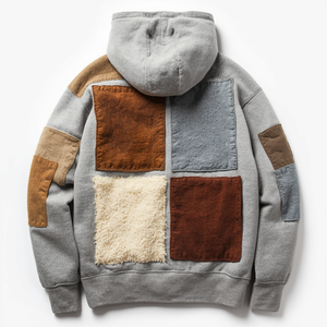 Sweat à capuche de luxe pour homme en molleton de coton épais, avec patchwork en tissu chenille surdimensionné et détails d'appliqué en feutre de qualité supérieure - Product Image 4