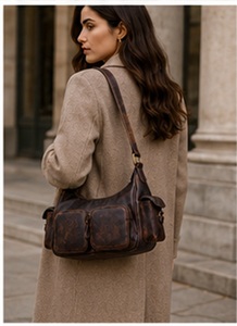 Sac à bandoulière vintage en cuir véritable marron pour femme, style bohème, automne, sac à main hobo multi-poches |   Porte-monnaie rétro tendance avec fermeture éclair OEM - Product Image 4