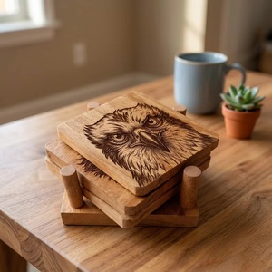 Juego de Posavasos Cuadrados de Madera Hechos a Mano con Diseño de Águila, Tapetes y Almohadillas Rústicas de 10 cm de Diámetro, Acabado Natural, Accesorio Decorativo para Mesa - Product Image 1