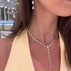 Diamond Lariat Tennis Necklace Emerald Cut Lab Grown Bezel Y Layering Minimalist Bridal Statement Jewelry 10K 14K 18K Solid Gold - Product Image 2