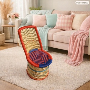 Silla de Comedor Portátil Moderna y Ecológica de Bambú y Ratán, Asiento Tapizado Resistente, Diseño Rojo/Azul, Multifuncional para Apartamento - Product Image 2