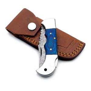 Cuchillo plegable de acero de Damasco Nordic Forge, muy vendido, con bloqueo trasero, mango de madera Pakka, funda, para bolsillo, EDC, camping, caza. - Product Image 6