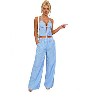 Conjunto de 2 piezas a rayas azules y blancas para mujer, top corto con lazo en la parte delantera, pantalones de pierna ancha, ropa de verano para la playa - Product Image 5