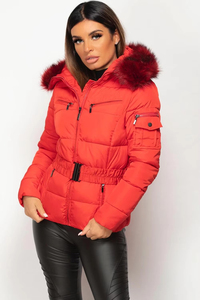 Women's Red <b>Quilted</b> Winter Jacket With Fur Hood Zipper Closure Full Sleeve Polyester Wadding <b>Thick</b> Puffer Coat - Product Image 4