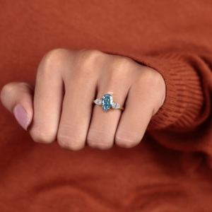2.40 TW Blue Color Pear Diamond Lab Grown Diamond Three <b>Stone</b> Engagement <b>Ring</b> 14K Yellow Gold Anniversary Wedding Jewelry - Product Image 4