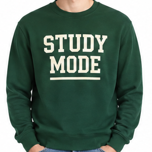 Sweat-shirt à col rond vert foncé pour homme, imprimé lettrage « Study Mode » blanc, idéal pour l'école et l'université - Product Image 2