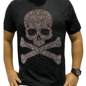 Camiseta de manga corta con cuello redondo para hombre, 100% algodón, tejido de punto, estilo urbano, con estampado de letras de diamantes de imitación y dibujos animados, termoadhesiva DTF - Product Image 1