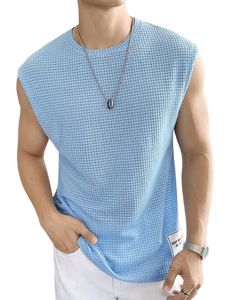 Camiseta sin Mangas Texturizada para Hombre, Cuello Redondo, Transpirable, Poliéster, Color Sólido, Corte Regular, para Todas las Temporadas, Informal - Product Image 3