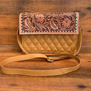 Wholesale Hand Tooled Quilted Genuine Leather Diamond Lattice Shoulder Flap Bags Western Floral Women's Crossbody Messenger Bags - Product Image 2
