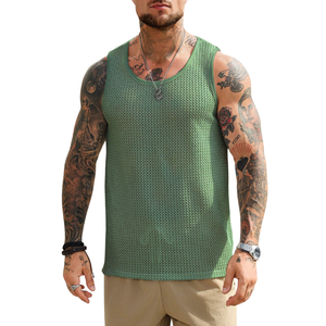 Camiseta sin mangas de punto de ganchillo con orificios 100% algodón para hombre, cuello redondo, informal, de verano, estilo urbano, transpirable, para gimnasio, playa, vacaciones, chaleco de moda - Product Image 1