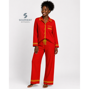 NSPDK Sorority Women's Red Striped Pajama Set Button Front Long Sleeve Sleepwear Contrast Trim Lounge <b>PJs</b> With Drawstring Pants - Product Image 6