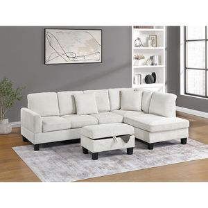 Set Divano Sezionale Moderno 3 Pezzi con Chaise Longue e Pouf Contenitore in Corduroy Beige con Cuscini per Soggiorno - Product Image 1