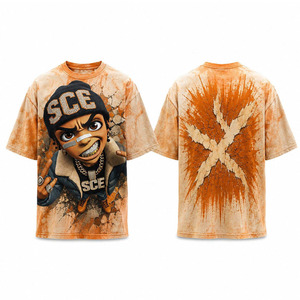 Camiseta Personalizada para Hombre, Color Naranja, Tie Dye, Lavado Ácido, Estampado Gráfico de Personajes de Dibujos Animados, Efecto de Pared Agrietada, Estampado con Salpicaduras en la Espalda, Talla Grande - Product Image 1