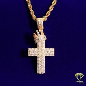 Fully Flooded Cross Pendant Necklace with VVS Moissanite Diamonds and Crown Detail in 925 Sterling Silver - Product Image 3