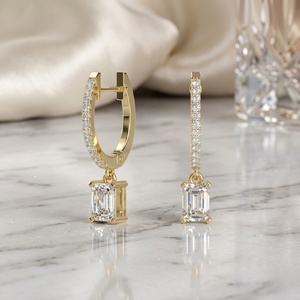 1.20 CTW <b>Emerald</b> and Round Cut Diamond Huggie Drop <b>Earrings</b> - Product Image 3