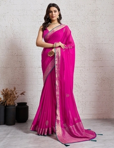 Sari en rayonne et mousseline de Bollywood orné KV pour femme (rose) – Séchage rapide et sans plis – Collection Automne - Product Image 5
