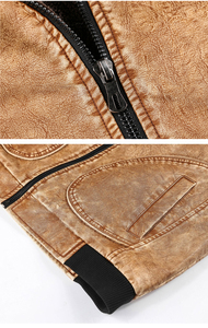 Men's Genuine Leather Bomber <b>Jacket</b> Stand Collar Zipper Closure Faux Fur Lining Solid Color Autumn Wear - Product Image 4
