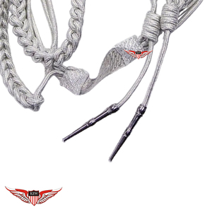 Cordones de hombro trenzados plateados tipo aiguillette, aiguillette retorcida con punta metálica plateada - Product Image 2