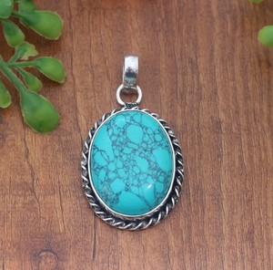 Pendentif en argent sterling 925 avec turquoise naturelle, fait main, ovale, vintage, bijou statement pour femme, cadeau - Product Image 4