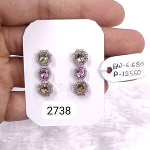 Boucles d'oreilles pendantes en argent sterling 925 avec tourmaline multicolore et diamants, bijoux fins faits à la main, boucles d'oreilles à pampilles pour elle - Product Image 2