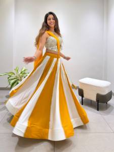 <b>Women</b> Indian Pakistani Silk <b>Lehenga</b> Set Yellow White Floor Length Traditional Wedding Dress Loose Fit Stretchable - Product Image 6