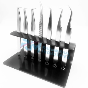 RMI Silver Shin Eyelash Tweezer Diamond And Plan Grip With Black Acrylic 5 Pcs Tweezer Hold Stand Customized Bottom Design - Product Image 2