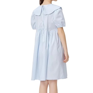 Venta al por mayor niñas azul sólido botón vestido Puff manga cuello cuadrado algodón verano traje Boutique ropa fábrica proveedor BD - Product Image 4