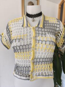 Top corto de malla de ganchillo para mujer, manga corta, cuello polo, bloques de color, estilo bohemio, ropa de primavera y verano - Product Image 3