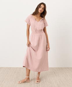 Vestido Midi 100% Orgánico de Doble Gasa con Cuello Abierto y Lazos, Mangas Raglán con Volantes y Cintura Elástica Fruncida - Product Image 4