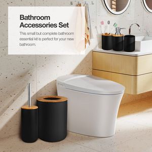 Set di Accessori per Bagno in Plastica e Bambù, 6 Pezzi, Set Portaspazzolino Salvaspazio per Piccoli Ambienti - Product Image 2
