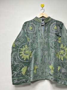 New Suzani Exclusive Handmade Green Velvet Jacket Hand Embroidered Floral Boho <b>Cardigan</b> <b>Coat</b> Fresh Beauty Outwear Winter Blazer - Product Image 6