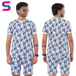 Good Selling Casual Summer Outfit Breathable <b>Knitted</b> Polyester Wear Men's Blue Leaf Print Crew Neck T-Shirt & Shorts <b>Sets</b> - Product Image 6