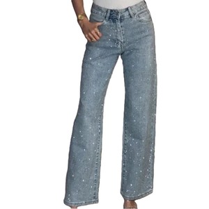 Pantalon en jean extensible pour femme, coupe droite, taille haute, 100 % coton, respirant, écologique, style streetwear, jambe large, léger - Product Image 1