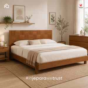 Minimalist Solid Mahogany Platform <b>Bed</b> with Geometric Parquet Headboard Luxury Hotel Bedroom Furniture Indonesia - Product Image 1