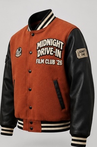 แจ็คเก็ตวาร์ซิตี้ Midnight Drive-In Film Club '26 สำหรับผู้ชาย ทำจากหนังแท้ สไตล์เบสบอล บอมเบอร์โค้ท เป็นมิตรกับสิ่งแวดล้อม ระบายอากาศได้ดี ตกแต่งด้วยแพทช์วินเทจ - Product Image 5