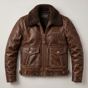 Chaqueta de Cuero Marrón Vintage para Hombre, Chaqueta de Aviador con Cuello de Piel de Oveja, Chaqueta de Motociclista, Chaqueta de Vuelo, Ropa Exterior de Moda Personalizada al por Mayor para Hombre - Product Image 5