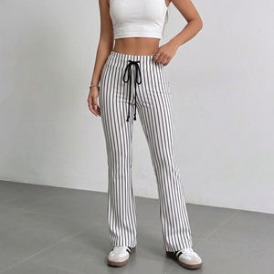 Women High Waisted Striped Flare Pants Loose Fit <b>Drawstring</b> Casual <b>Trouser</b> Full Length 100% Cotton Knitted Pants Women's - Product Image 4