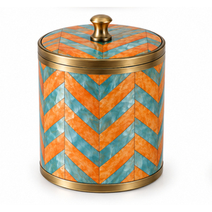 Seau à glace en nacre et métal à double paroi isolé, motif chevron, incrustation de nacre orange et turquoise, articles de bar - Product Image 1
