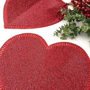 Handmade Red Heart Shaped Beaded Fabric Placemat Romantic <b>Table</b> Mat Set - Product Image 5