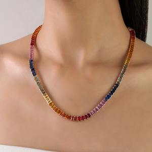 925 Silver Bezel Set Lab Created Emerald Cut Colorful Gemstone <b>Graduated</b> Women's Tennis Chain <b>Necklace</b> for for Ladies - Product Image 4