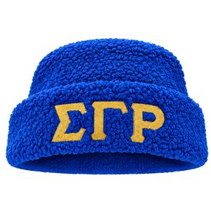 Royal Blue Sherpa Knit <b>Beanie</b> Hat with Gold Greek Letter Embroidery Warm Unisex Winter Cuffed <b>Beanie</b> Custom Headwear - Product Image 2
