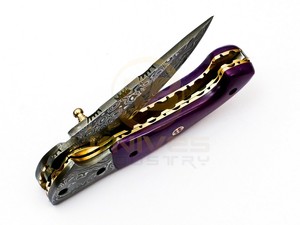 Couteau pliant artisanal en acier Damas avec manche en os coloré – Couteau de poche EDC avec mosaïque de clous - Product Image 6