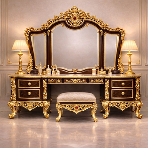 Ensemble de meubles de chambre à coucher de style château sur mesure, luxueux, en bois sculpté doré antique, lit king size avec tête de lit capitonnée, USA - Product Image 5