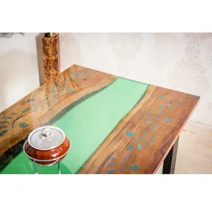 고품질 독특한 녹색 에폭시 수지 직사각형 나무 테이블 탑 수제 커피 테이블 에폭시 수지 탑