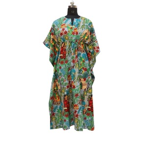 Robe Kaftan Longue en Coton Imprimé Floral pour Femme, Col en V, Cordon de Serrage, Décontractée, Respirante, Robe d'Été Bohème, Cache-Maillot de Plage - Product Image 1
