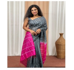 Sari de Seda Katan Rosa Coral para Mujer, Traje Tradicional Étnico con Diseño Drapeado para Ocasiones Festivas con Patrón a Rayas - Product Image 6