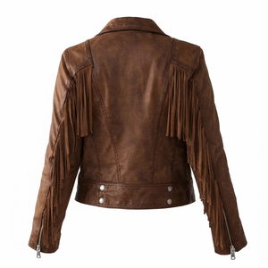 Gold Suede <b>Jacket</b> With <b>Fringe</b> Sleeve Zipper Closure Breathable Eco Friendly Turn down Collar Women winter Fashion Leather <b>Jacket</b> - Product Image 5