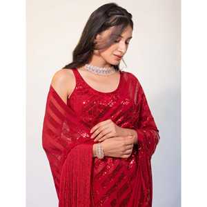 Magnifique sari de soirée en georgette rouge à paillettes avec chemisier non cousu Zeel Clothing - Product Image 4