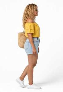 Oneten Apparels <b>Women</b> Summer <b>2</b> <b>Piece</b> <b>Outfit</b> Yellow Off Shoulder Ruffle Top And Light Blue Denim Shorts Set - Product Image 2