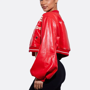 Blouson bomber rouge en PU pour femme, style streetwear, coupe courte, fermeture éclair, col rabattu, imprimé lettres, coupe ajustée, mode automne - Product Image 3
